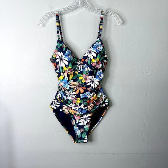 Ellen Tracy Fast & Fresh Surplice Navy Blue Multi Floral One Piece Swimsuit Sz 6 - Picture 8 of 12